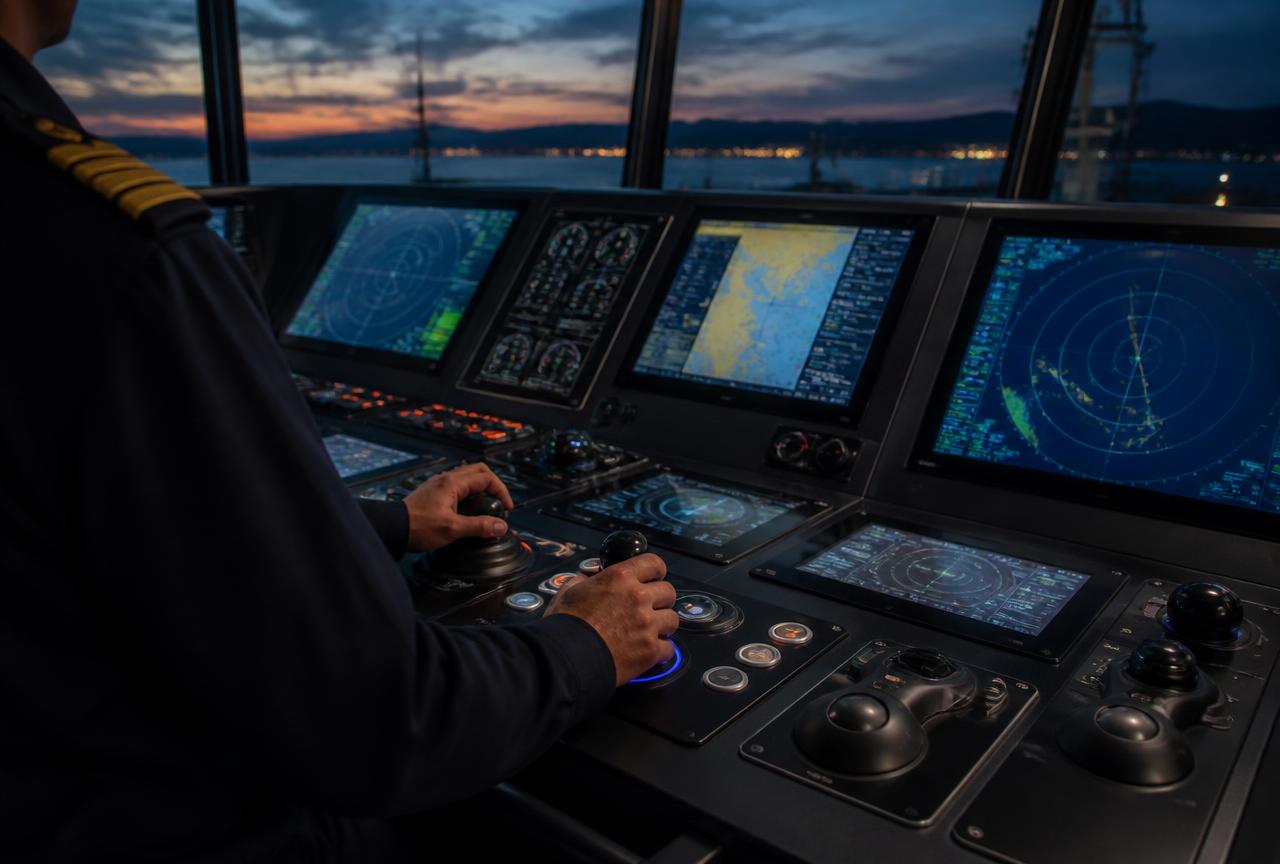 Dynamic positioning control console on a vessel bridge at dusk