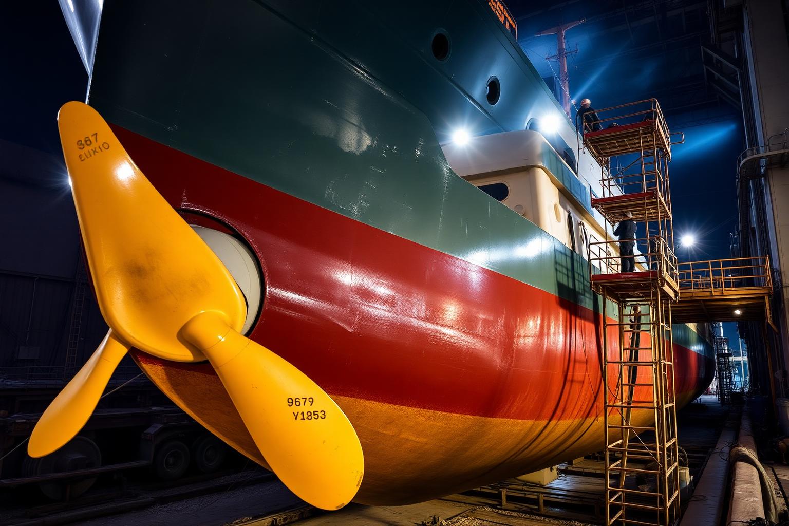 Vessel in dry dock with propeller exposed and workers on scaffolding