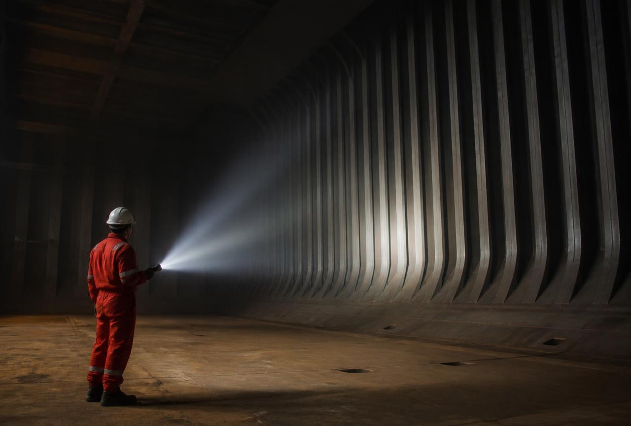 Surveyor inspecting an empty cargo hold with a torch