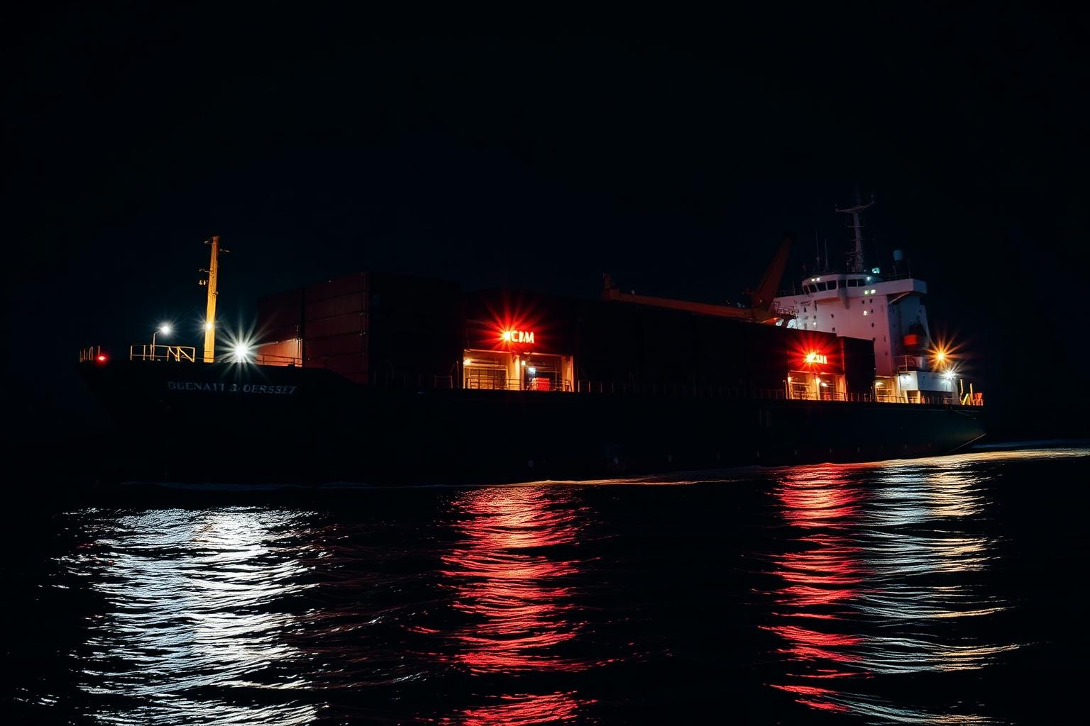 Cargo vessel underway at night with deck floodlights reflecting on the water
