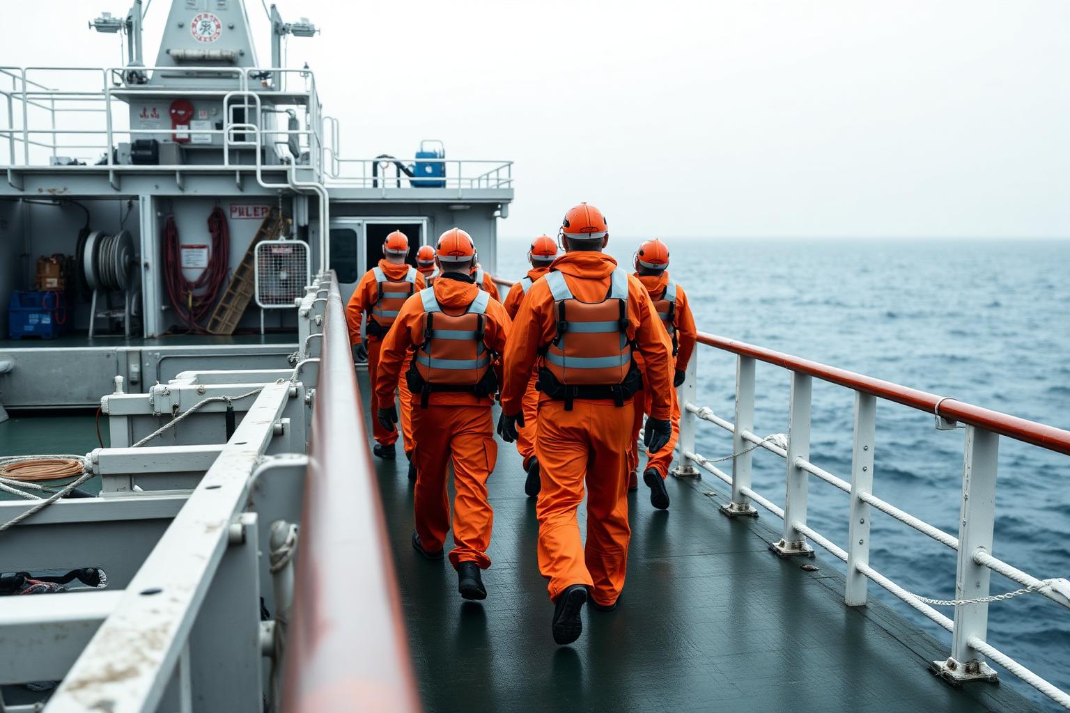 Offshore support vessel deck crew on an inspection walkaround