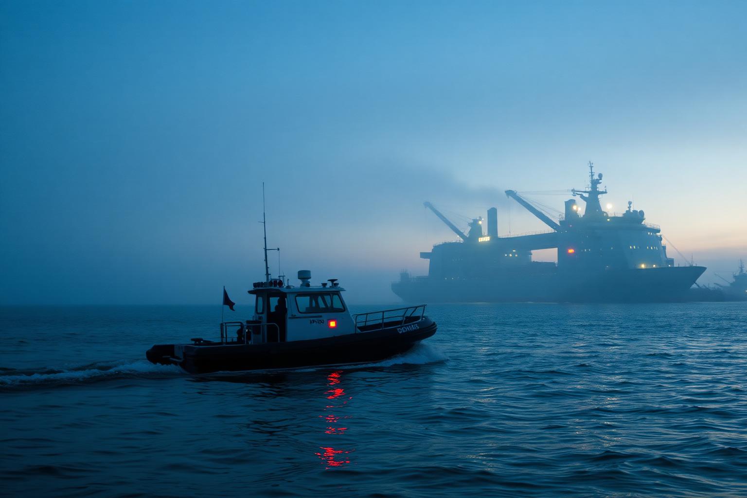 Harbour pilot boat approaching a large vessel at dawn in misty conditions