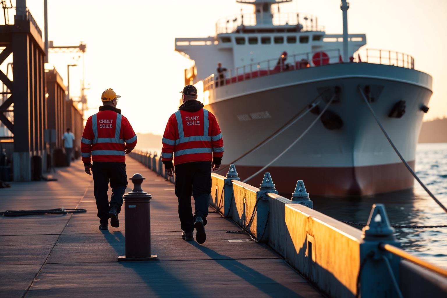 Two marine inspectors walking the quay towards a moored vessel at sunrise