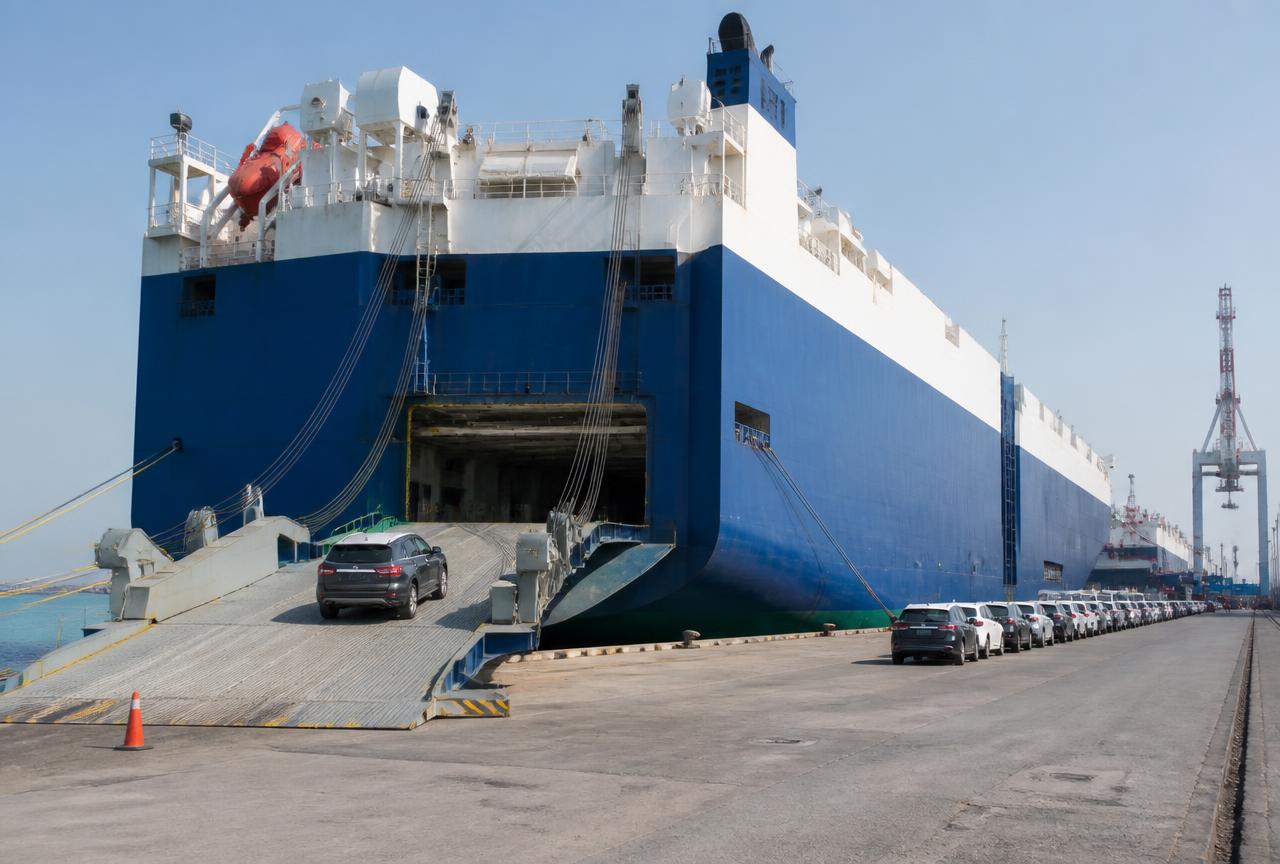 Ro-Ro car carrier loading vehicles over the stern ramp alongside a berth