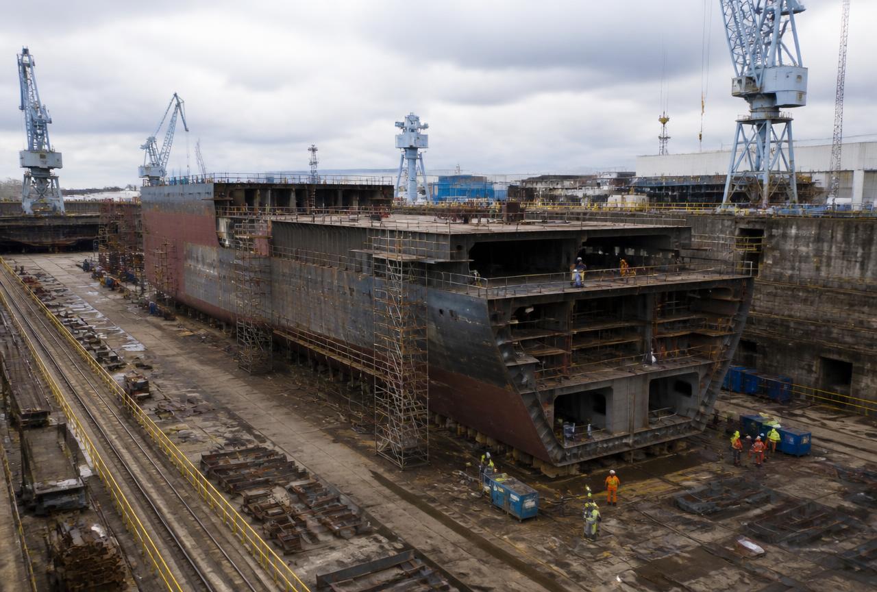 Newbuilding hull under construction in a shipyard dry dock