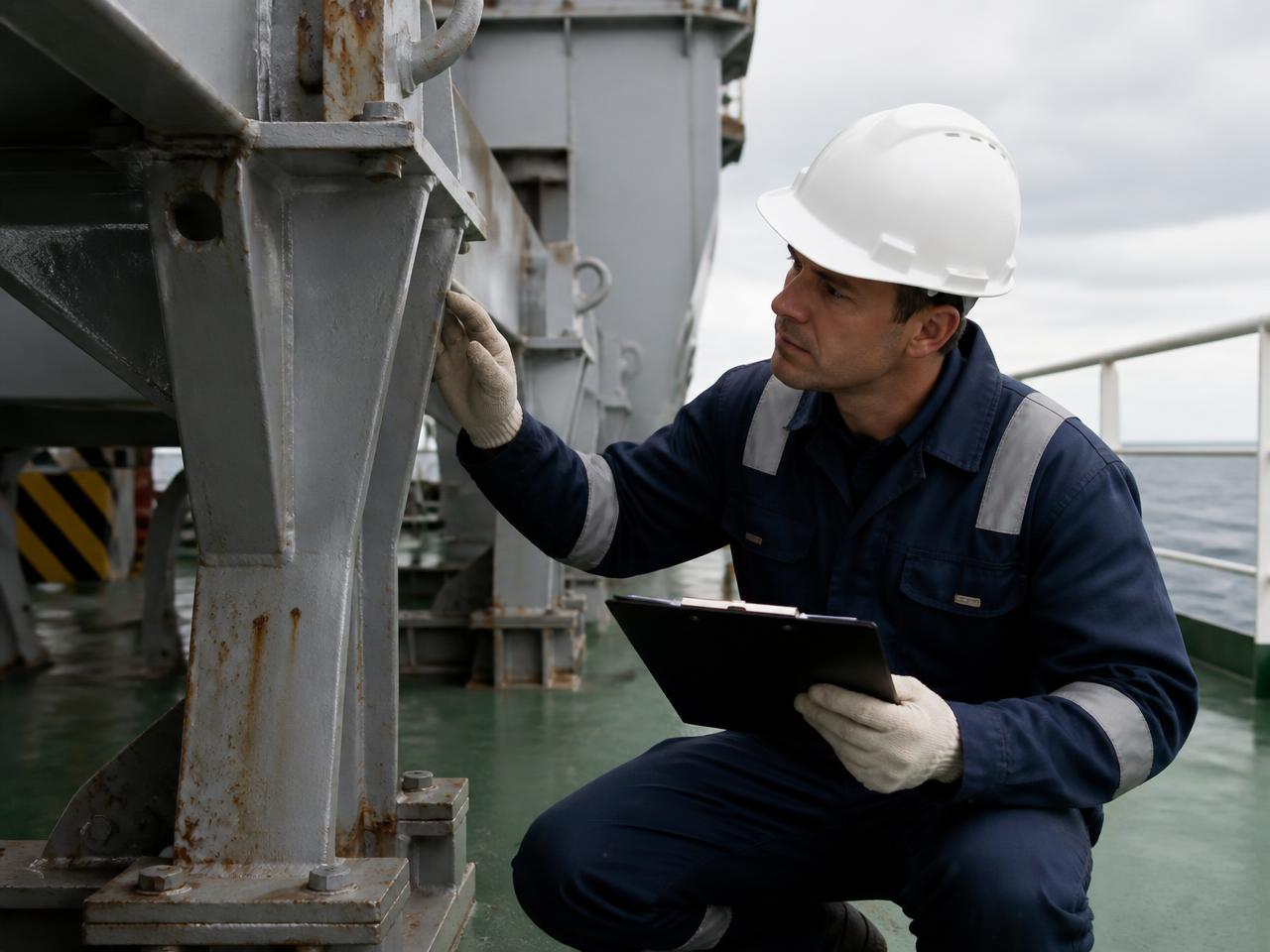 Marine surveyor inspecting steel deck structure aboard a commercial vessel