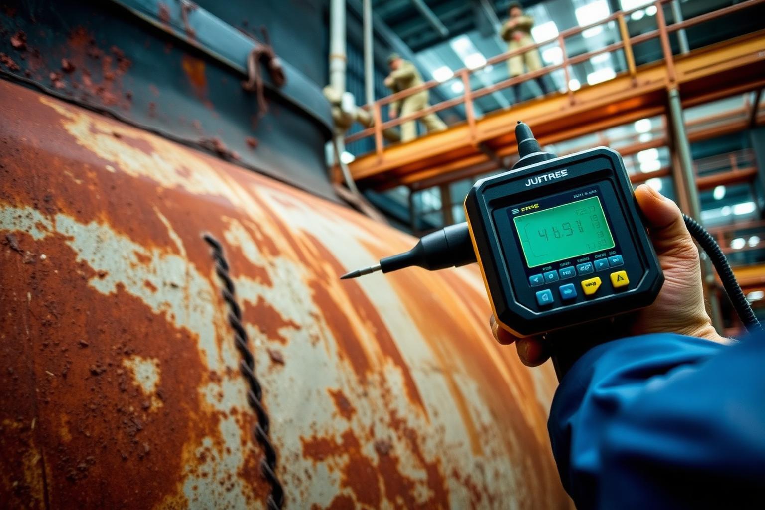 Technician taking ultrasonic thickness readings on a ship's hull plating in dry dock