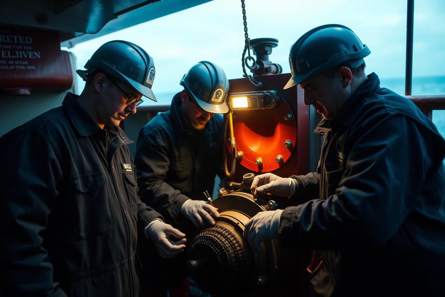 Marine engineers carrying out an emergency voyage repair on shipboard machinery